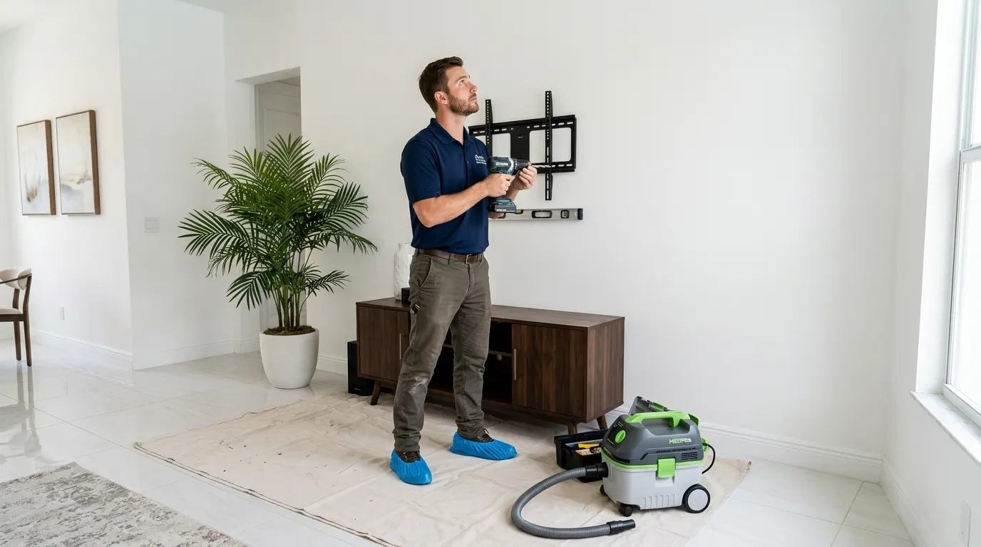 Illustration of a TV being wall-mounted with shoe booties on, a drop cloth down and a vacuum ready (sample image, not a real job)